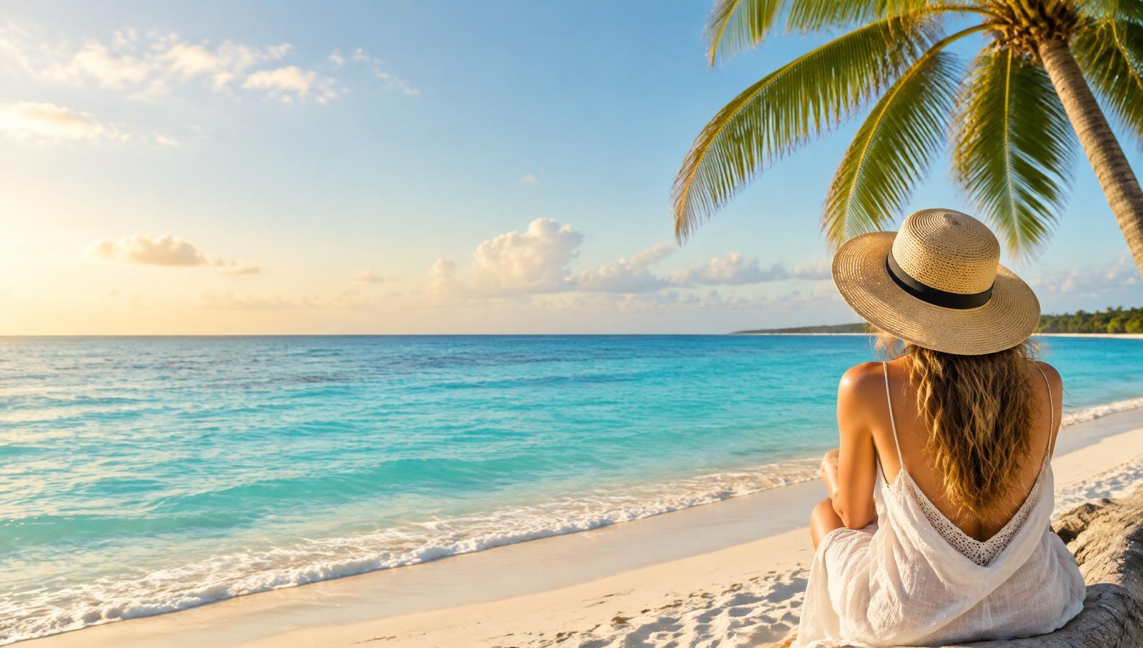 Viajera con sombrero frente a una playa de mar turquesa